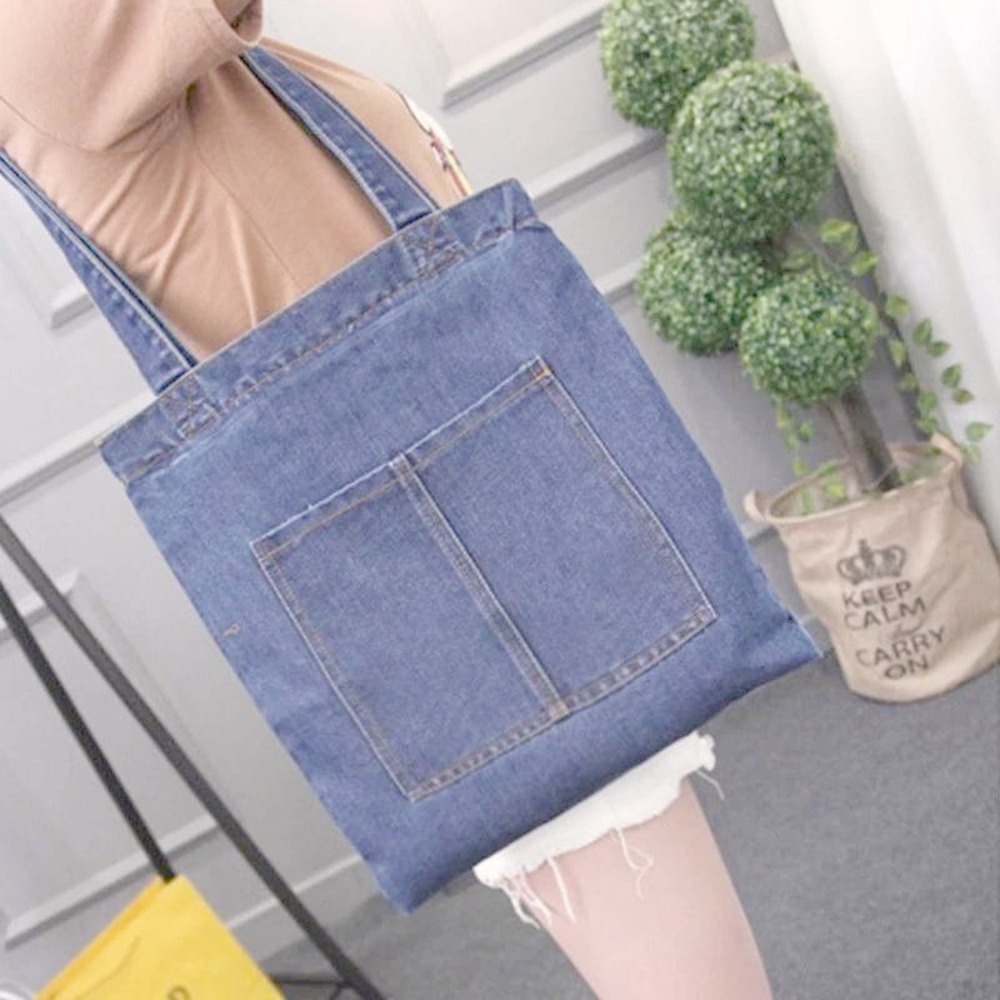 Denim Tote Bag‎ Blue Jean Pocket Book Bag Casual Shoulder Bag